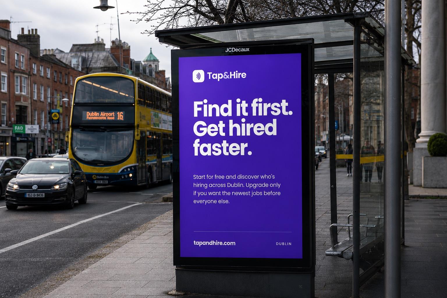 A Tap&Hire ad on a JCDecaux bus shelter in Dublin